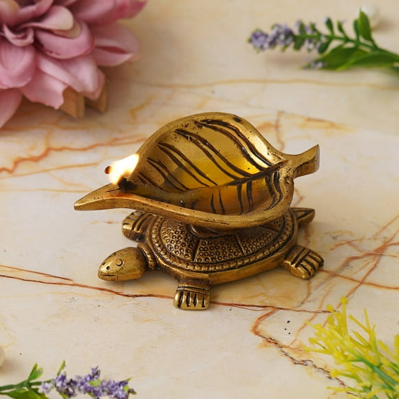 Golden Handcrafted Tortoise Statue Leaf Design Decorative Brass Diya - Auspicious Diya for Puja Room, Home, Office, Temple Decor