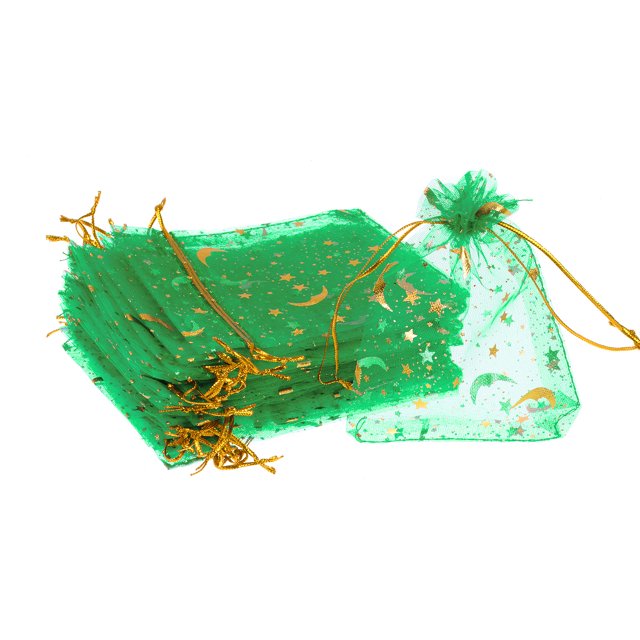 Uxcell Moon Star Printed Organza Bags, 50 Pcs 4.72x3.5 Inch Drawstring Mini Pouches for Party Wedding, Green