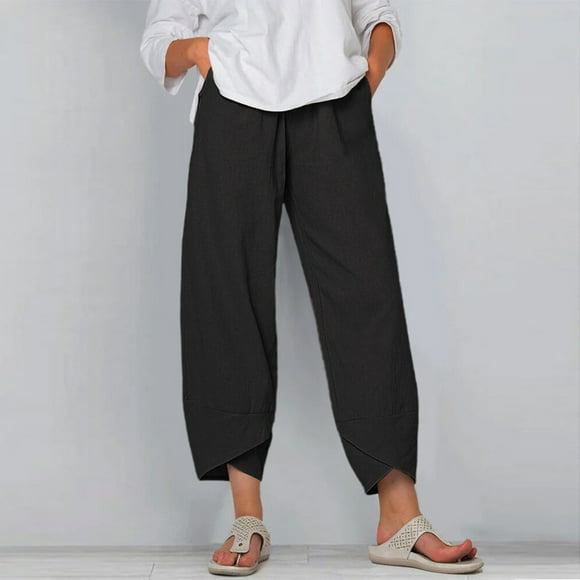 CFLVAEK Petal Cuff Wide Leg Pants for Women with 2 Pockets Casual Cotton Linen Lounge Pant Moisture Wicking Plain Color Trousers Comfy Ankle Length High Waist Pants XXL Black