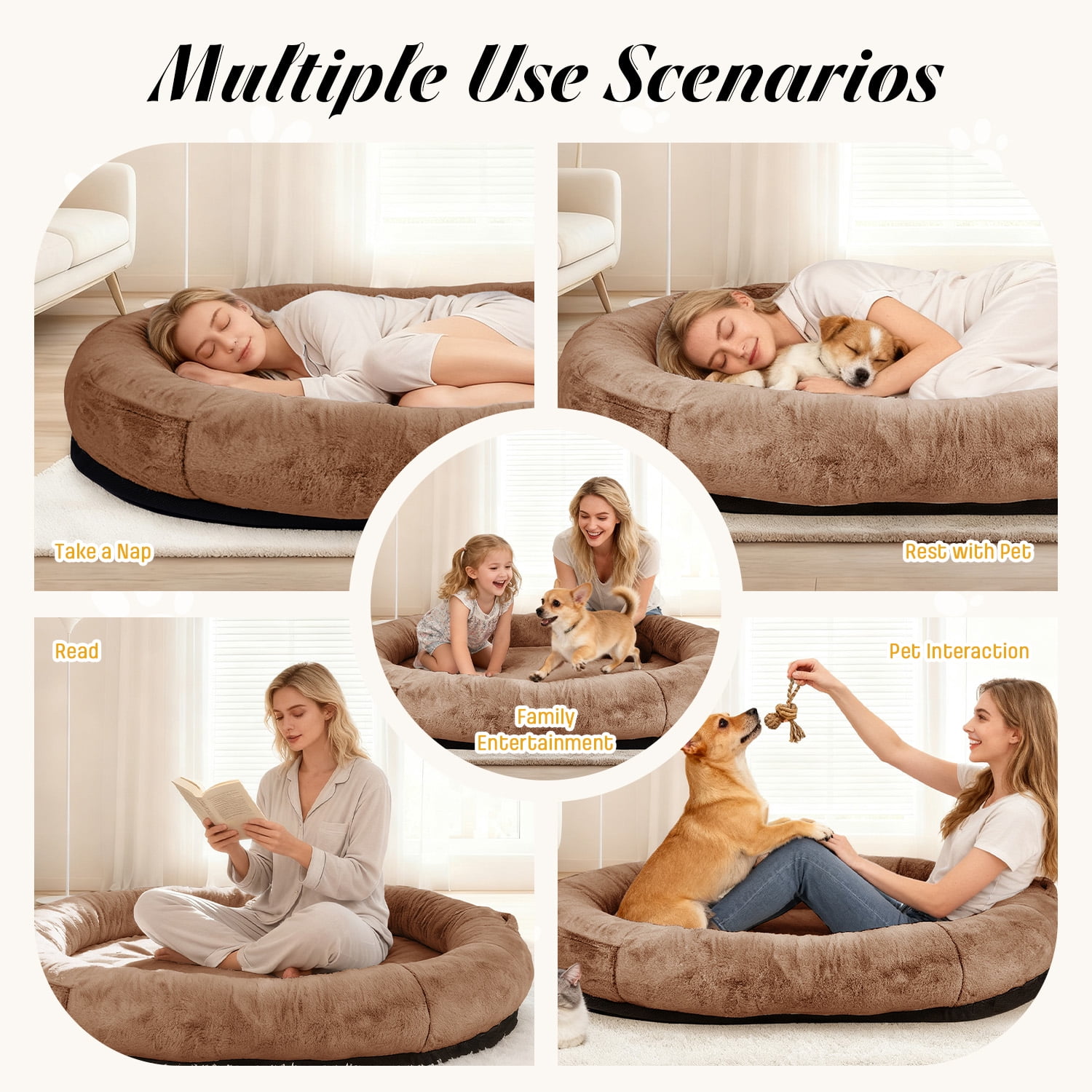 Hidpriva Human Dog Bed for Adults, 71" Extra Large Human-Sized Dog Bed, Washable Faux Fur with Blanket and Pillow,Dark Brown