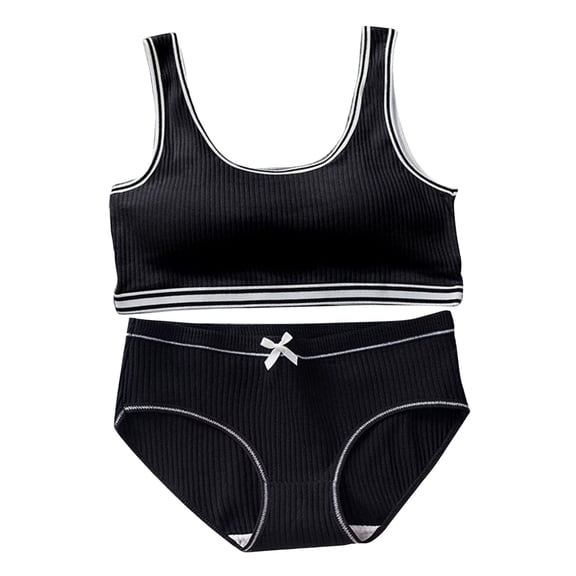 Ticikt Big Girls Bra and Panties Set Cotton Padded Seamless Bras for Girl Pull-on Design,Color:Black