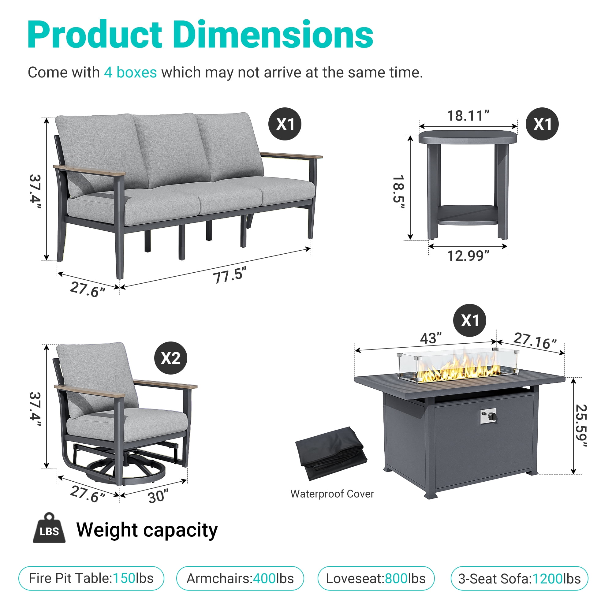 Muphyers 5 Piece Aluminum Patio Furniture Set, with 55000 BTU Propane Fire Pit Table, 5.1" Thick Cushions, Outdoor Conversation Sofa Set for Backyard Garden Deck,Gray