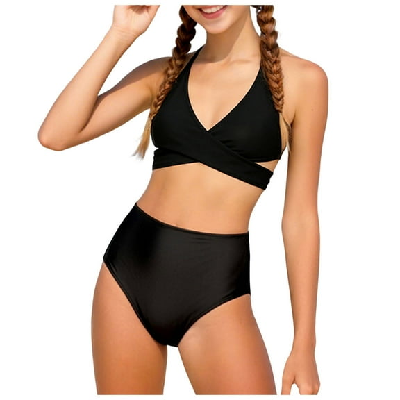 Staki Girl Swimsuits Girls Swimsuits Two Piece Bikini Set Bathing Suit with Quick Dry Beach Girls' Swimwear 3T,4T,5T,6-10Y,11-14Y(Black,13-14 Years)