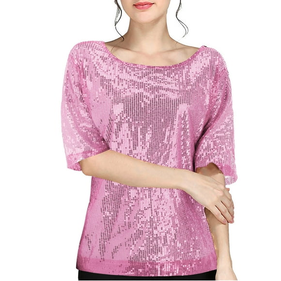 Womens T Shirts Summer Solid Color Sequin Crew Neck Splicing Loose Casual Womens Summer Tops Pink M