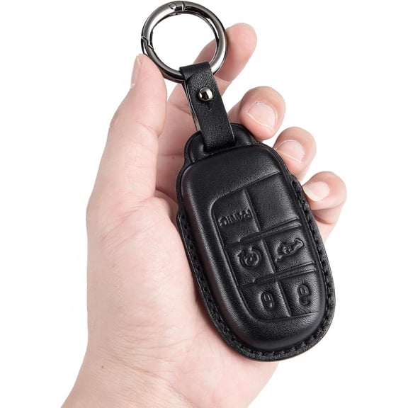 Key Fob Cover Compatible with Jeep Grand Cherokee Renegade Chrysler 200 300 Dodge RAM Durango Challenger 5 Button Leather Keychain Case Holder Protector,1