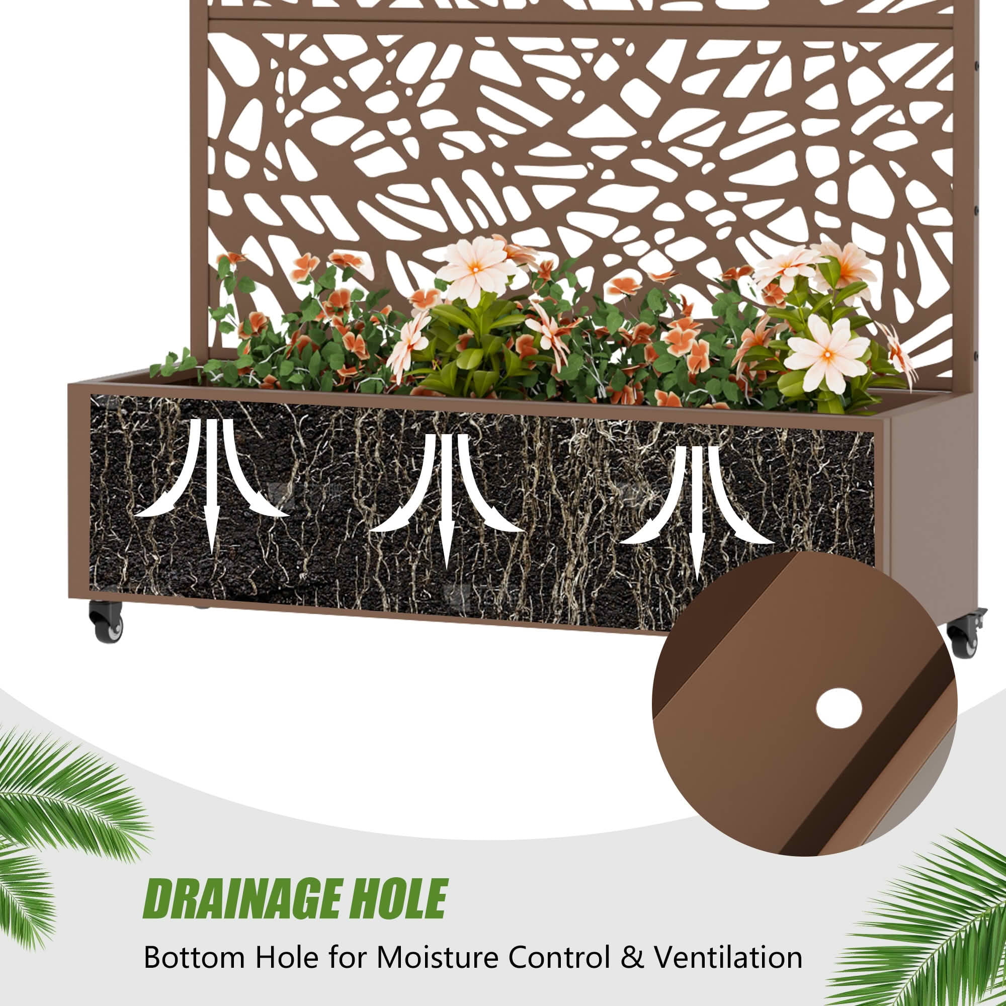 MAYEERTY 72X47" Metal Outdoor Brown Privacy Screen with Planter Box for Backyard & Garden, 3 Piece Set