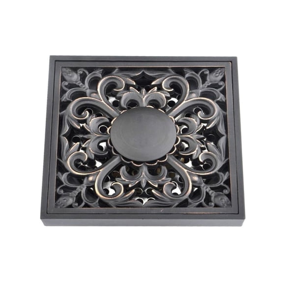 Flower Relief Black Copper Shower Floor Drain, 4 inch Antique Square Ground Drain for Kitchens, Bathrooms, Garages