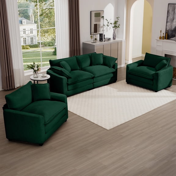 Warm and Cozy Sofa Set with Soft Cushions and Pillows, Home Theater Style Sofa Set Consisting of One 2-Seater Sofas and Two Single Sofa, Corduroy Fabric (Green)