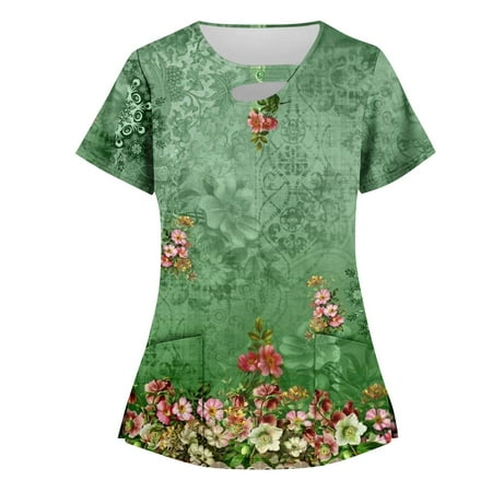 

BIZIZA Printed Scrub Tops Women Casual Short Sleeve Graphic Workwear with Two Pocket Plus Size V Neck Womens Casual Summer Tops Green 5XL