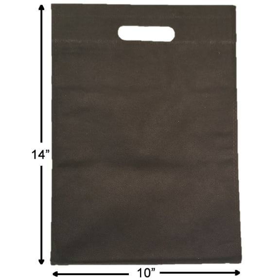 50 Reusable, Black Color, Size of 10" W x 14" H (W x H), Die-Cut Handle, Non-Woven Polypropylene, Heavy 60 GSM, Bags. 50 Bags / Box / Order.