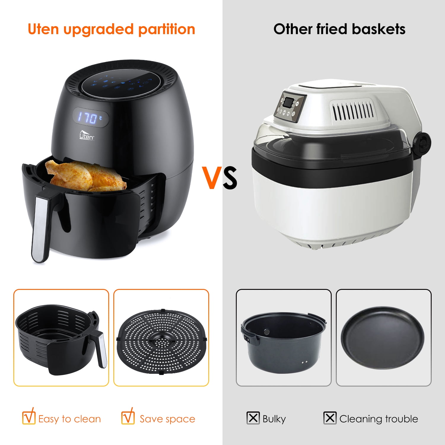 Uten 6.9 Qt Air Fryer Toaster Oven Combo, 1700W Digital One-Touch Screen Airfryer, 8 Presets Nonstick Basket, Compact Size for Family, Easy Clean, Black