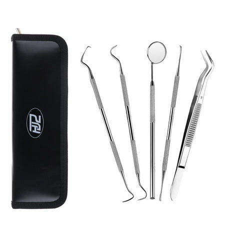 Gum Removal (HJZ Dental Hygiene Kit - 5 Piece Stainless Steel Dentist Tools - Anti-Fog Mirror, Dental Scaler, Tarter Scraper, Dental Pick, Dental Tweezers For Calculus & Tartar Removal, Gum Health, Teeth)