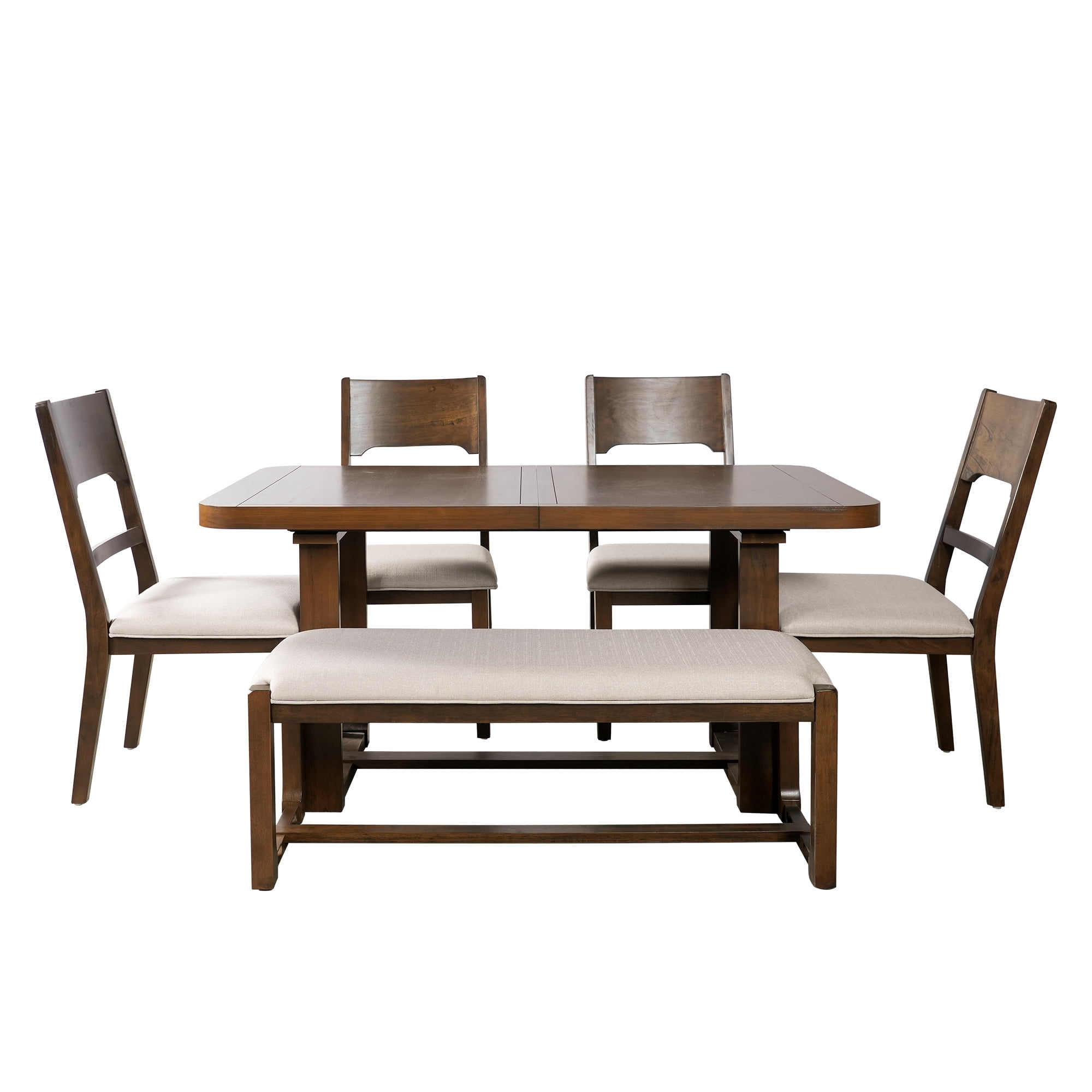 Euroco 6 Pieces Farmhouse Dining Table Set,Solid Wood Extendable Dining Table with 4 Chairs & Bench for Kitchen Dining Room, Brown+Beige