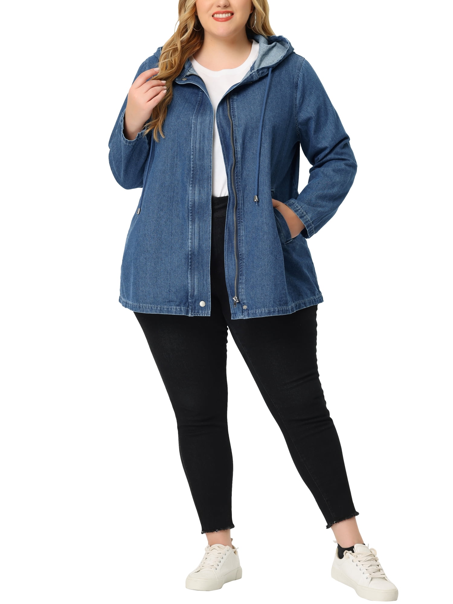 Unique Bargains Women's Plus Size Layered Drawstring Hood Denim Utility Jacket