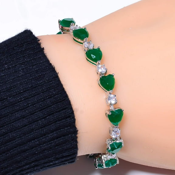 Heart - Emerald 925 Sterling Silver Tennis Bracelet 7.99" B9, New Year Sale, Valentin's Day Gift