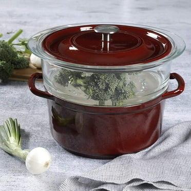 Kenmore Elite Oak Park 3 Quart Enameled Cast Iron Casserole with Lid and Glass Steamer in Red.