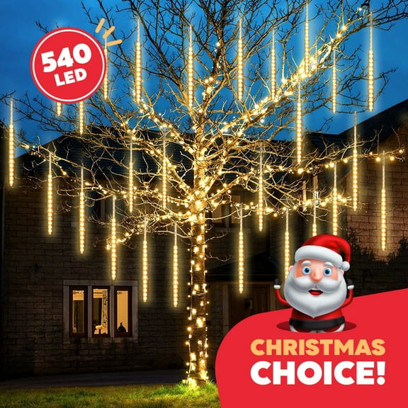 Christmas LED Meteor Shower Rain Warm Lights - 540 LEDs 10 Tubes, 20 Inch Drop/Icicle Snow Falling Raindrop Waterproof Cascading Lights for Wedding Xmas New Year Party Tree Decoration (Warm Light)