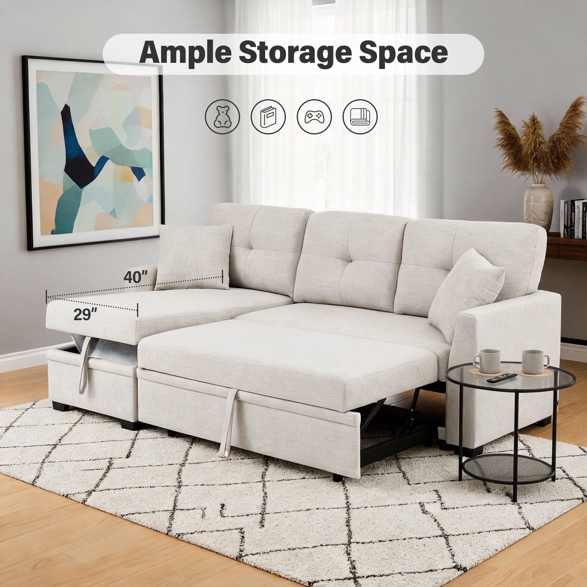 AENKYO Convertible L-Shaped Sectional Sofa Sleeper with Pull-Out Bed and Storage Chaise, Linen Upholstered Couch for Living Room，White