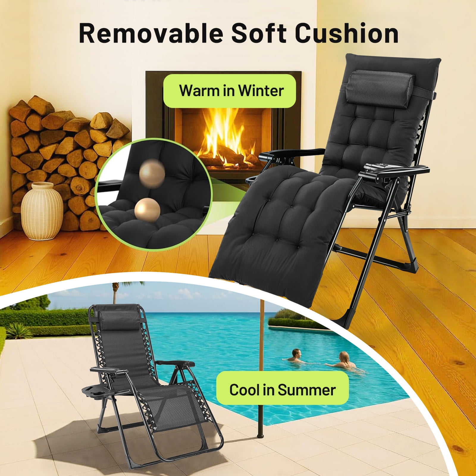 Simenmax Zero Gravity Chair, Heavy-Duty Reclining Lounge Chair with Padded Cushion & Cup Holder, Foldable Patio Recliner for Camping, Beach, and Indoor Relaxation,Black