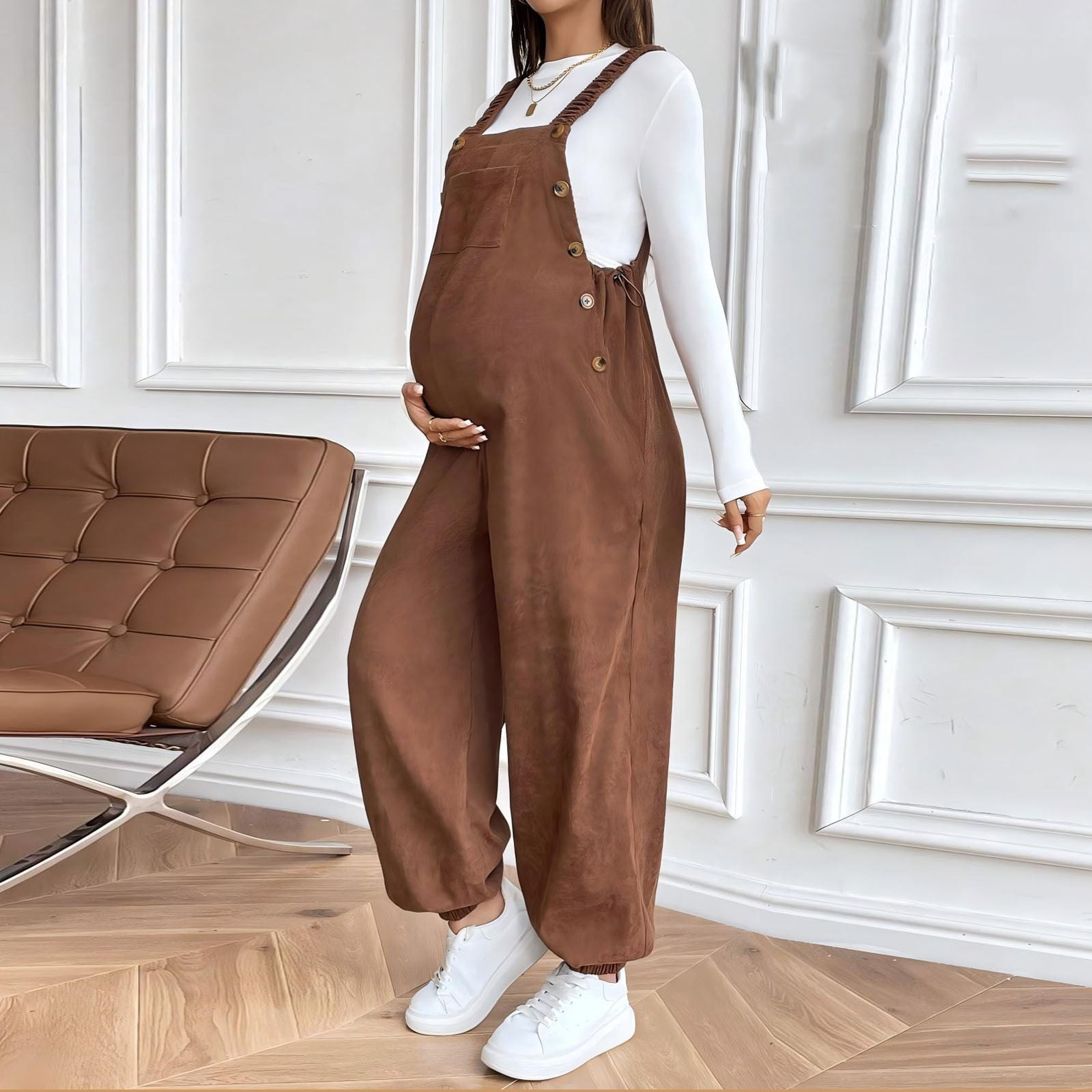 qelini Maternity Overalls Loose for Women High Waist Corduroy Dungarees Solid Color Adjustable Straps Full Length Pants