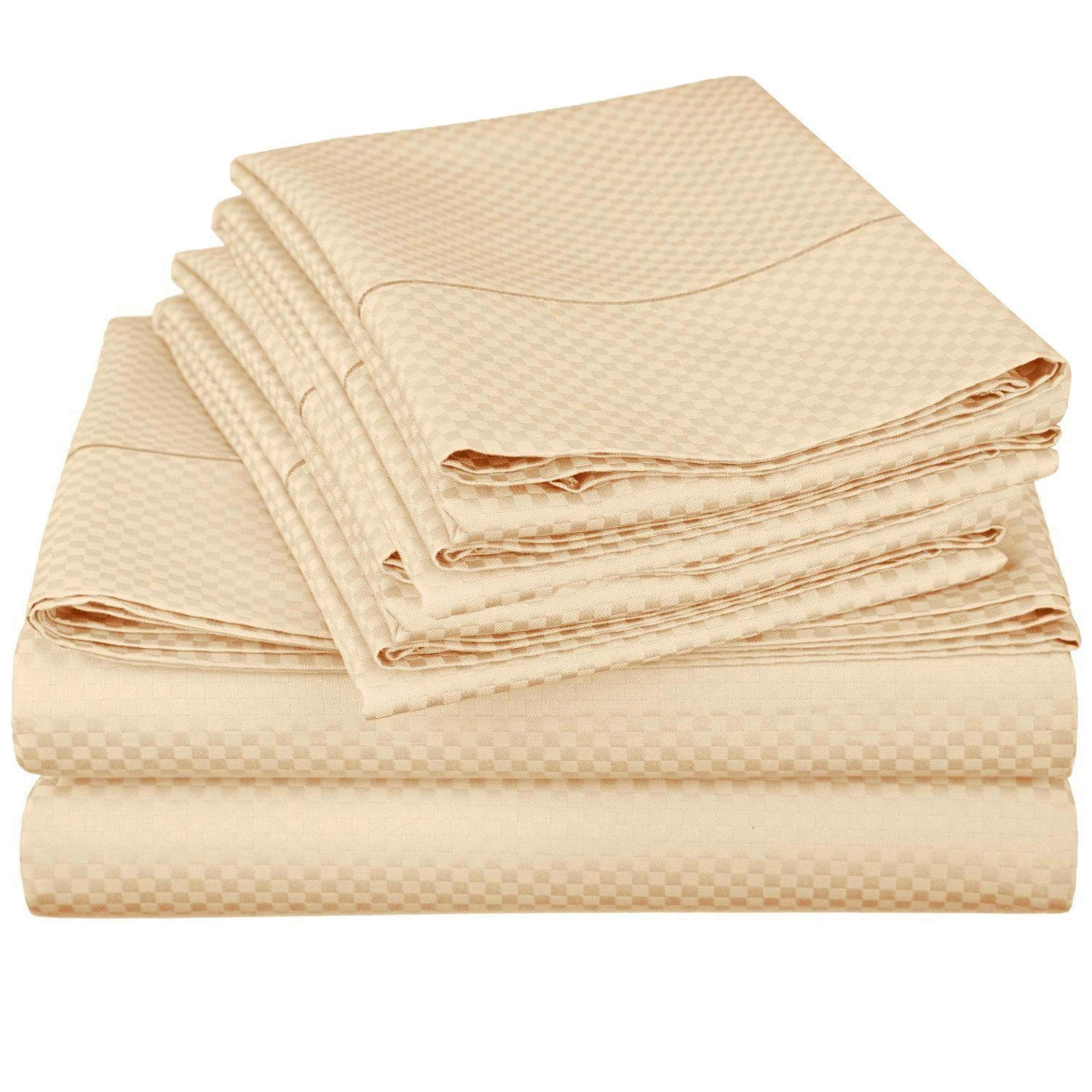 Checkered Embossed Bed Sheet Set (King, Beige), 4 Piece Deep Pocket