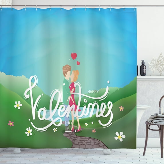 Kissing Shower Curtain, Happy Valentine's Day Calligraphy Cartoon Couple in Outdoor Scenery Backdrop, Fabric Bathroom Set with Hooks, 69W X 84L Inches Extra Long, Multicolor, by Ambesonne