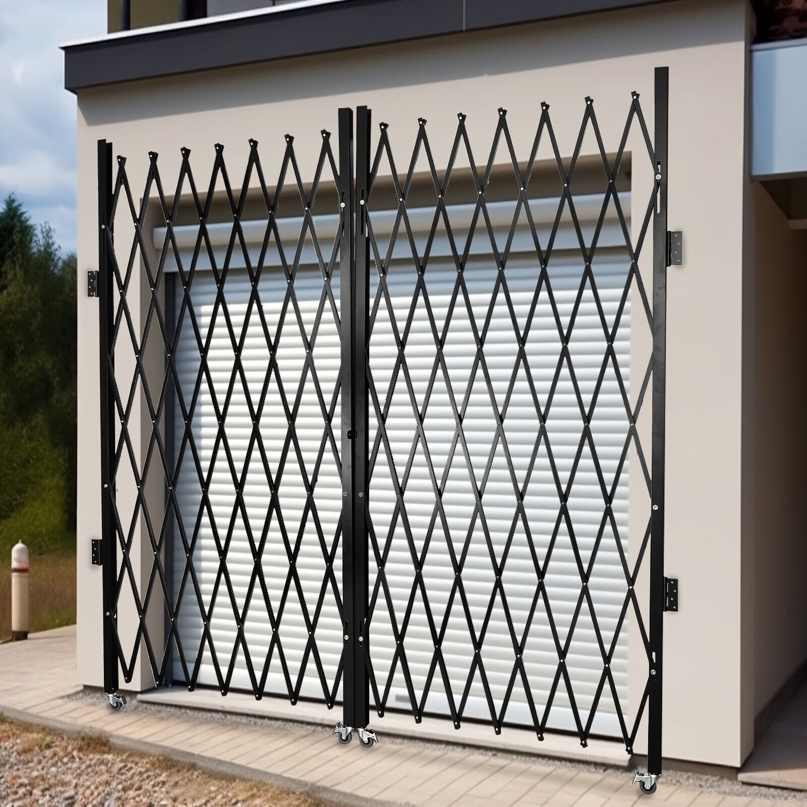 Expandable Door Gate 6-1/2'H x 12'W Scissor Gate Double Folding Security Gate Full Iron Frame (Ear Tabs And Padlock) Aluminum Mesh