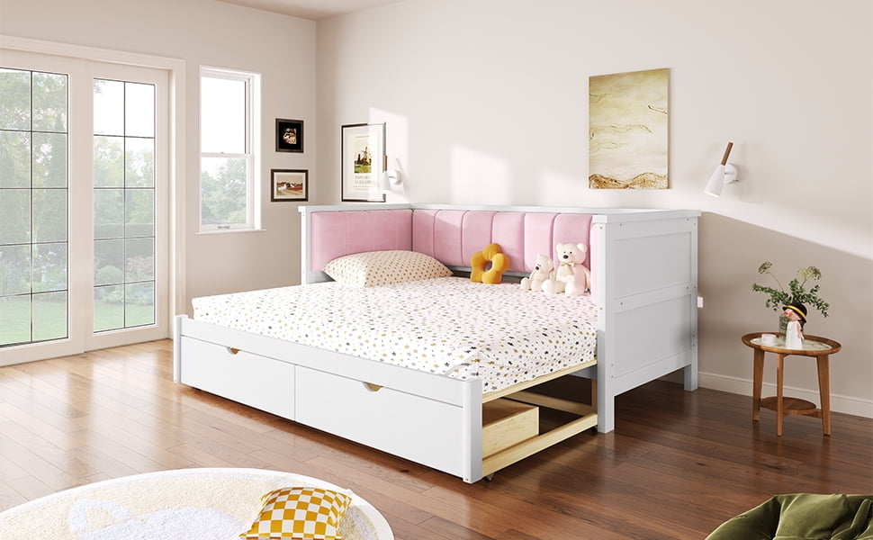Mintazer Twin XL to King Daybed with Pink Upholstered Backrest & Storage Drawers, White