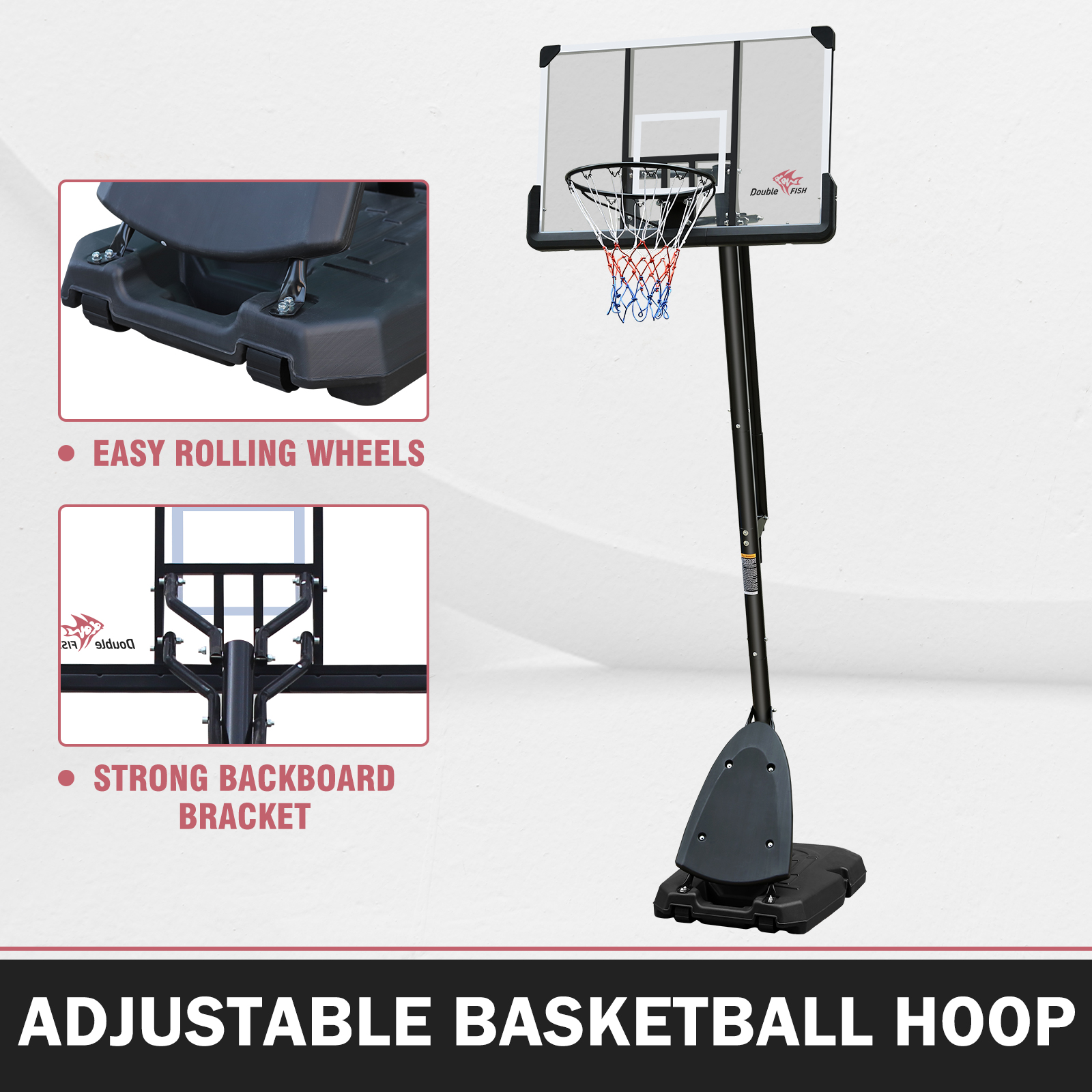 E-Western Outdoor Height Adjustable 7.5 to 10 ft Basketball Hoop with 44 Inch Backboard, Portable System with Stable Base and Wheels