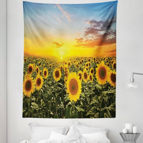 Mediterranean Tapestry, Sunflowers Field in Spring Sunset Habitat Scenery Nature Countryside Rural, Fabric Wall Hanging Decor for Bedroom Living Room Dorm, 5 Sizes, Green Yellow, by Ambesonne
