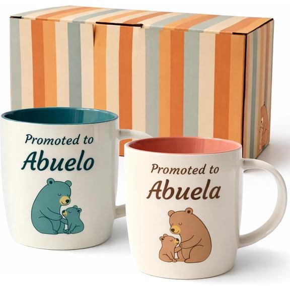 Triple Gifffted Promoted To Grandparents Coffee Mugs in Spanish for New Best Abuela and Abuelo, Gifts Ideas First Time Grandparent, Baby Reveal Pregnancy Announcement, Christmas Day, Ceramic 13Oz