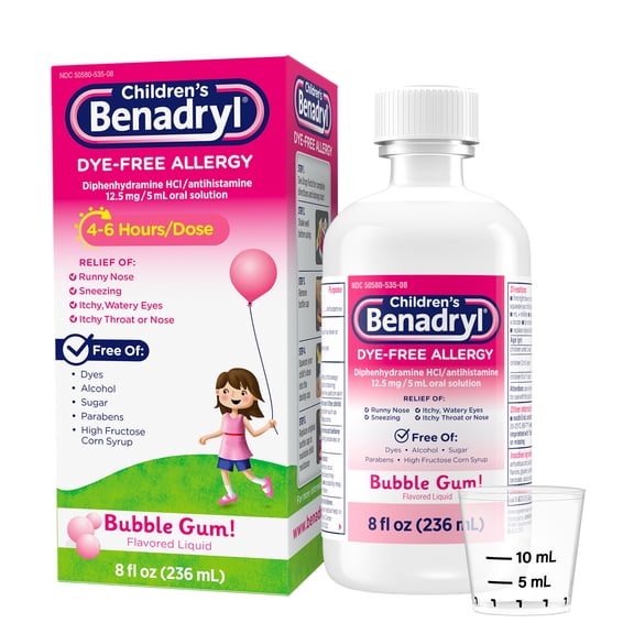 Children's Benadryl, Liquid Allergy Medicine for kids, Dye-Free, No HFCS, Bubble Gum Flavor, 8 fl oz