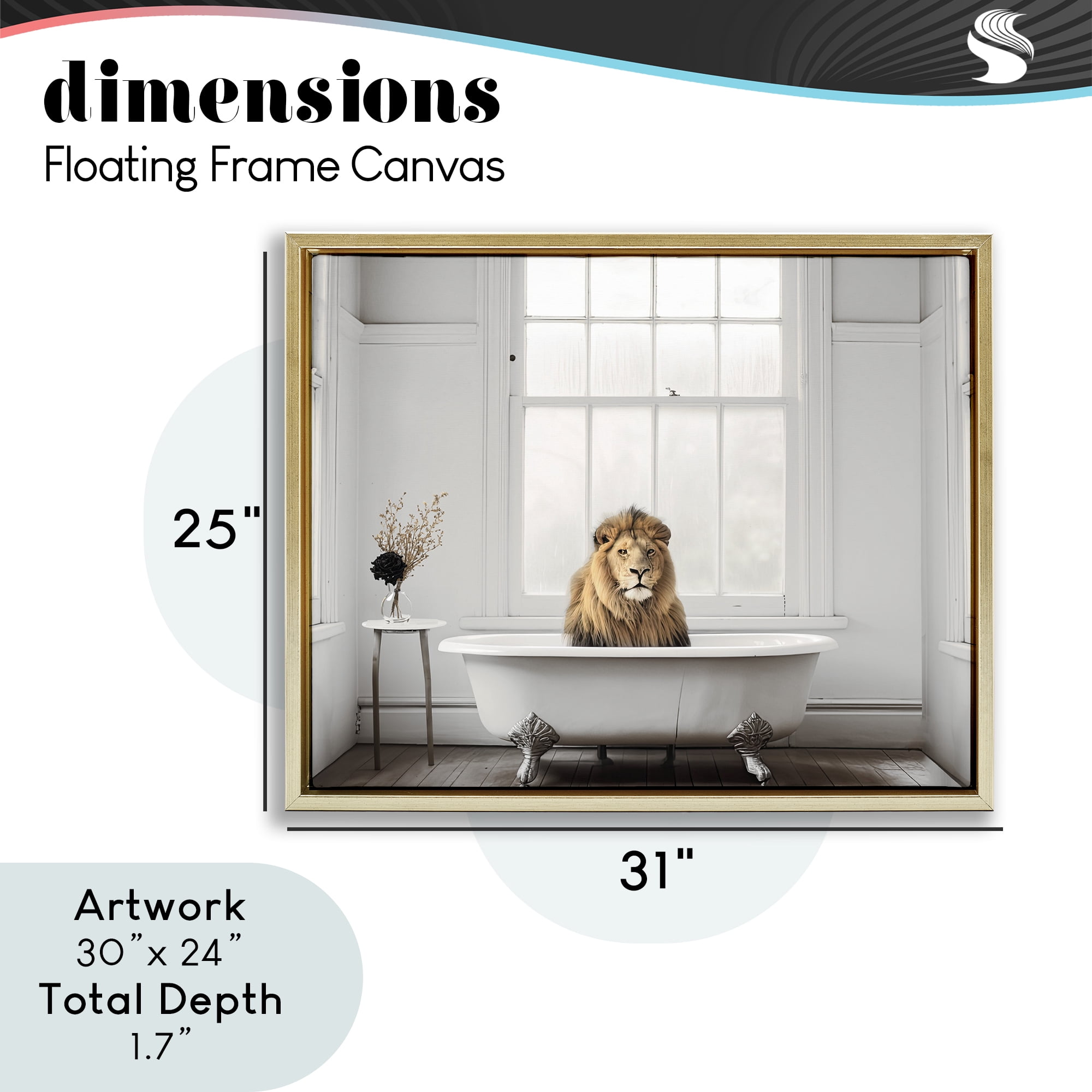 Minimalist Lion Bathtime Gold Framed Floater Canvas Wall Art, design by Sasha