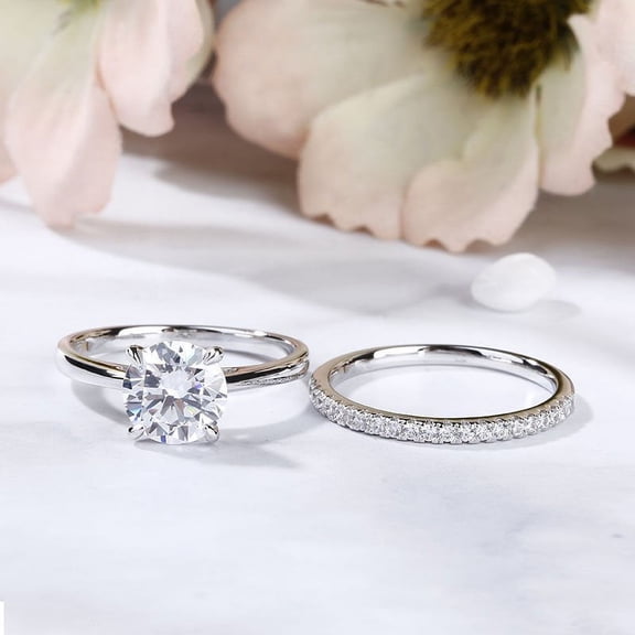 Cow Jewel 14K White Gold 2.5 Ct Round Cut Brilliant Diamond Ring - Wedding Anniversary Engagement & Bridal Ring for Women - Stacking Diamond Engagement Ring Set
