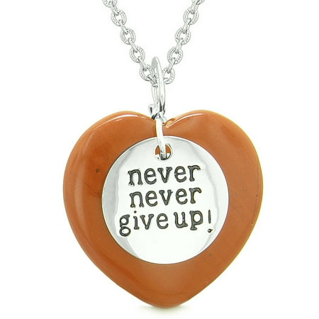 Red Jasper Heart Necklace - Amulet Never Give Up Inspirational Puffy Magic Lucky Heart Charm Red Jasper Pendant 18 inch Necklace
