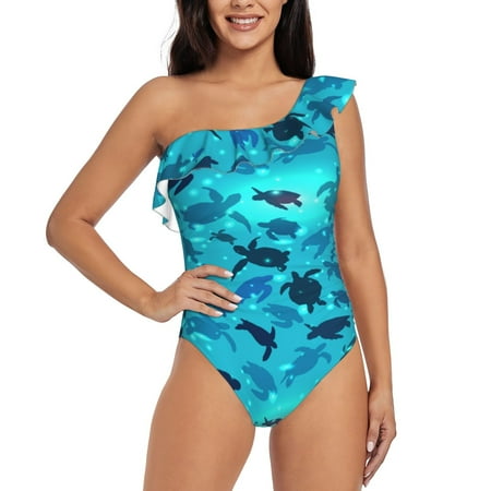 Lukts World Turtle Day Women One Piece Swimsuits Tummy Control One Shoulder Bathing Suits Ruffle Swimwear-X-Large