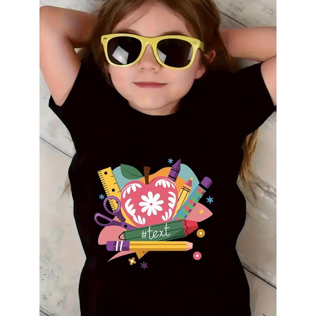 Girls' Pastel pink School Graphic T-Shirt - Soft Stretchy Knit Tee for Back-to-School, Lightweight Breathable everyday Shirt (Machine Washable) - Classroom & Playdates outfit, Comfortable Fabric