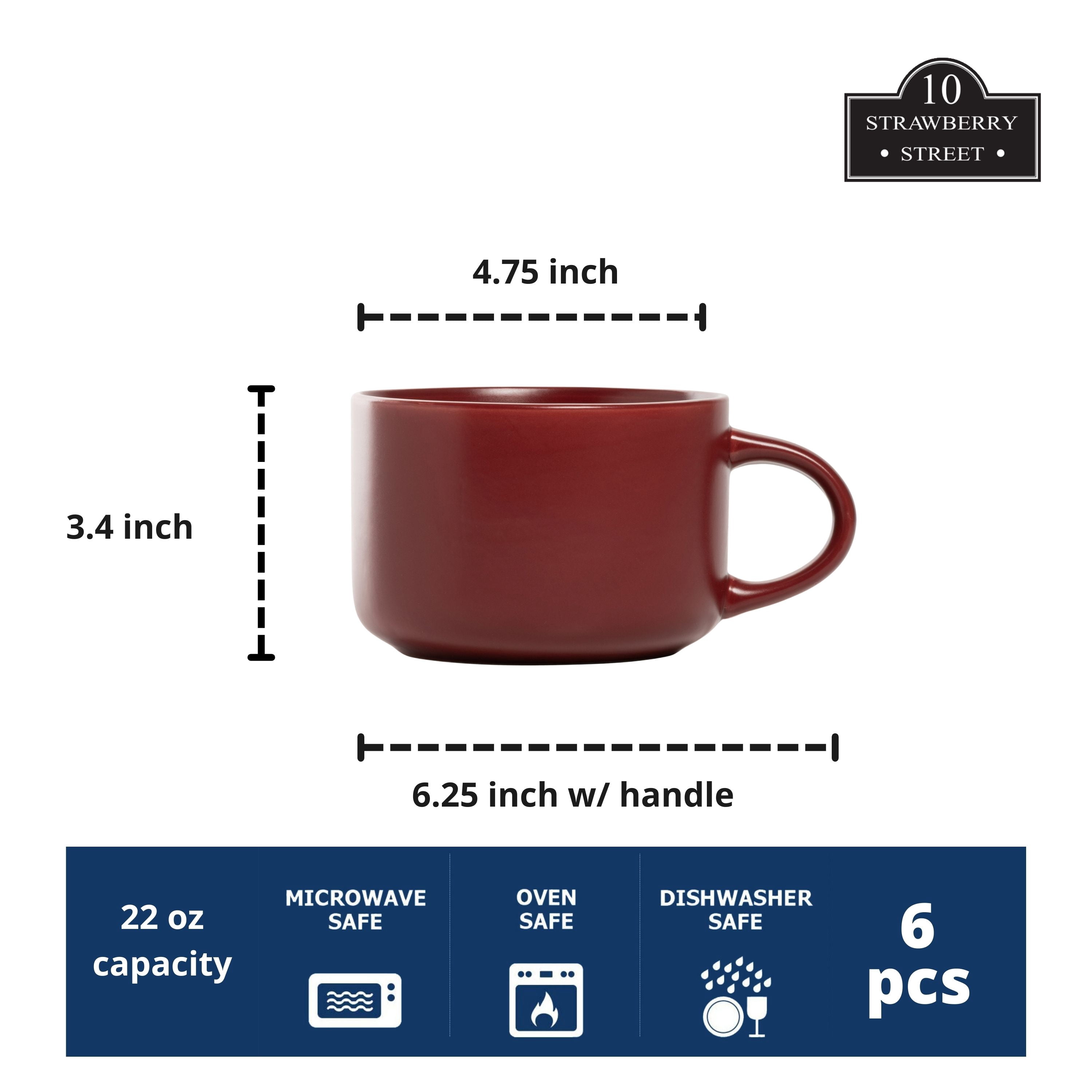 10 Strawberry Street Wazee Matte – 4.75"/22 Oz Oversized Mug - Set of 6 - Red
