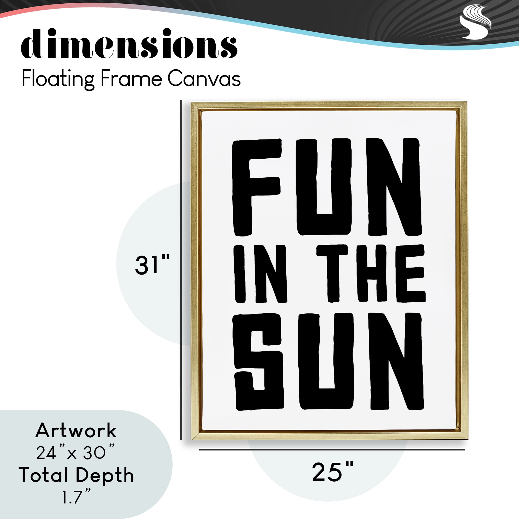 Fun In Sun Simple Sentiment Gold Framed Floater Canvas Wall Art, design by Lettered and Lined