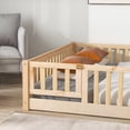 thumbnail image 4 of Queen Floor Bed, Solid Wood Platform Bed Frame with Fence and Fun Small Door, Multifunctional Daybed with Safety Guardrail and Wood Slats, Montessori Bed for Girls Boys, No Box Spring Needed, Natural, 4 of 7
