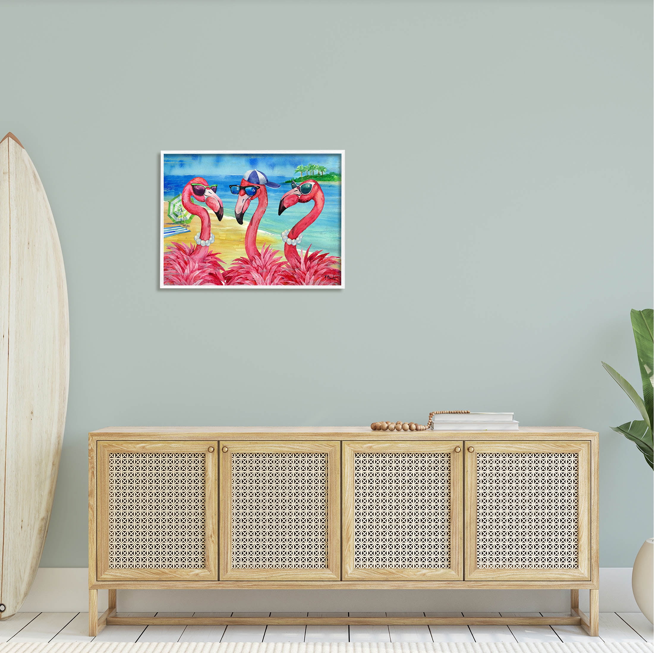Stupell Industries Flamingo Friends Tropical Island Coast Graphic Art White Framed Art Print Wall Art, Design by Paul Brent