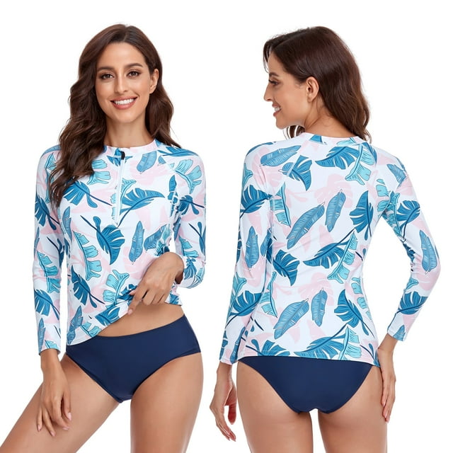 Women 2 Piece Rash Guard Long Sleeve Zipper Bathing Suit with Bottom Built in Bra Swimsuit UPF
