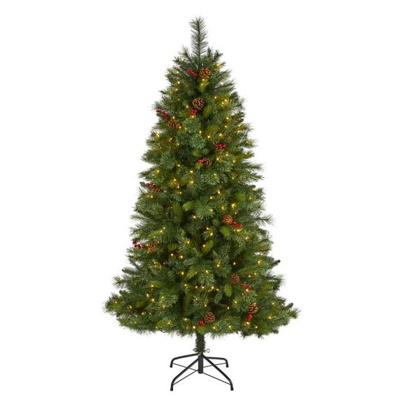 Nearly Natural 6ft. Aberdeen Spruce Artificial Christmas Tree with 350 Clear LED Lights, Pine Cones and Red Berries