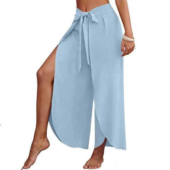 PBFRDSJ Loose Pants for Women Drawstring Elastic Waisted High Slit Wide Leg Pants Casual Comfy Palazzo Flowy Trousers