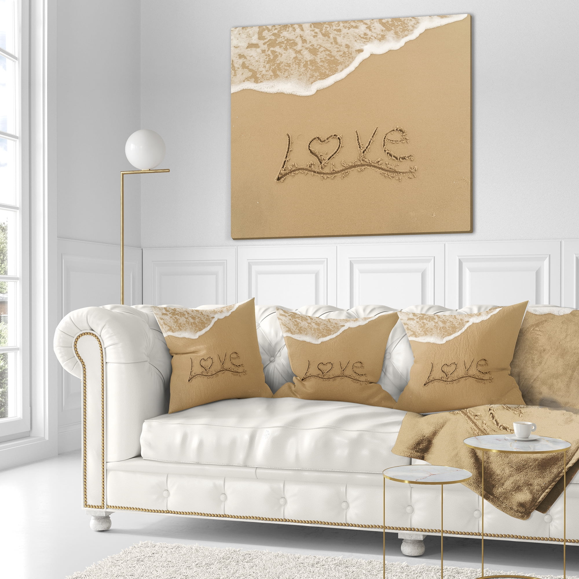Designart Love Written on Sandy Seashore - Seashore Throw Pillow - 18x18