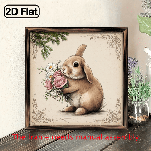 1pc Rustic Farmhouse Rabbit Wall Art - 8x8 Inch Wood Square Frame with Brown Bunny Pink Roses, Beige Vintage Easter Sign for Home,, Office - Easy-Hang HorizontalVertical Picture Frame, Pastel Spring