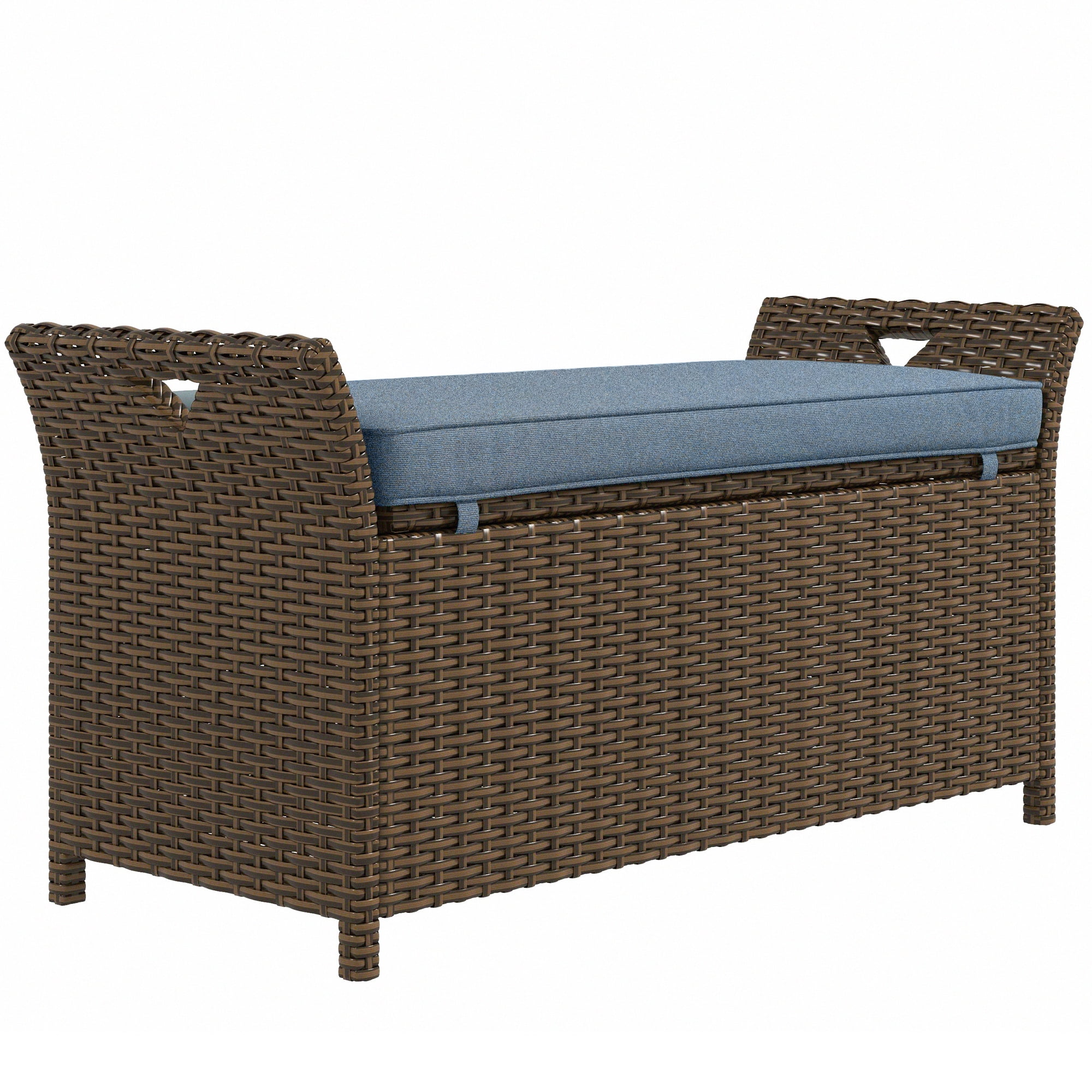 Aimee Lii 27 Gallon Patio Wicker Storage Bench, 2-In-1 Large Capacity Rectangle Garden Storage Box with Handles and Cushion, Outdoor Rattan Patio Furniture, Blue