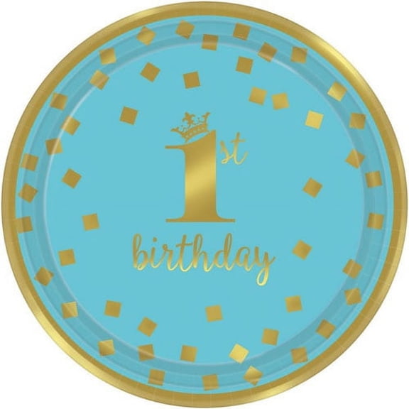 Various 1st Birthday Blue and Gold Disposable Paper Plates, 7", 8 Count, (1 Pack)