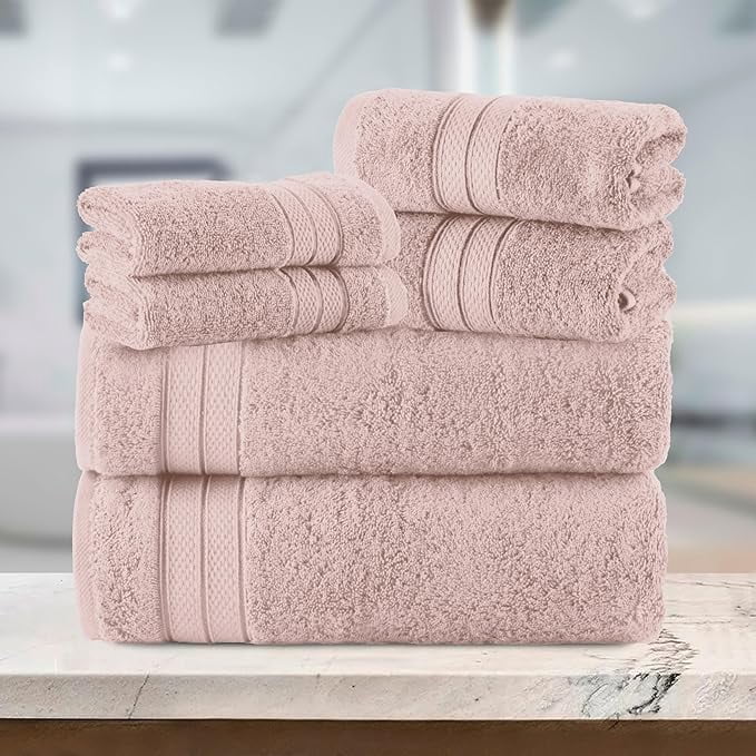 Elegant Comfort 6-Piece Towel Set - Three Line Popcorn Design, 100% Turkish Cotton, Soft and Absorbent, Quick-Drying, 2 Bath Towels, 2 Hand Towels, 2 Washcloths - Dusty Pink
