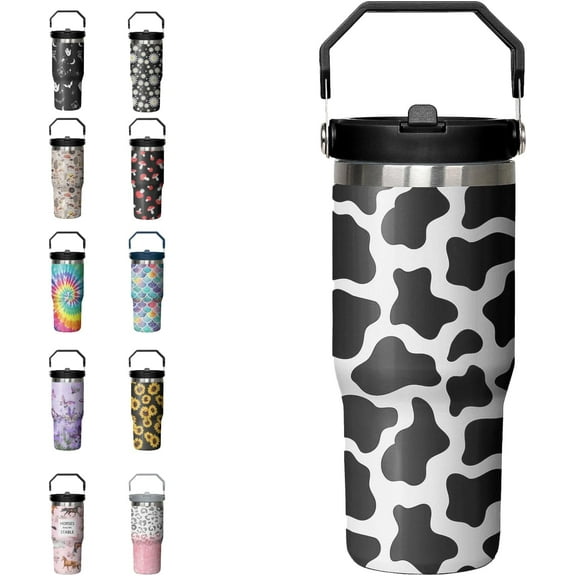 30oz Cow Print Tumbler with Handle Flip Straw Leak Proof Tumbler Cow Coffee Mug with Handle Cute Water Bottle Cow Gifts for Women